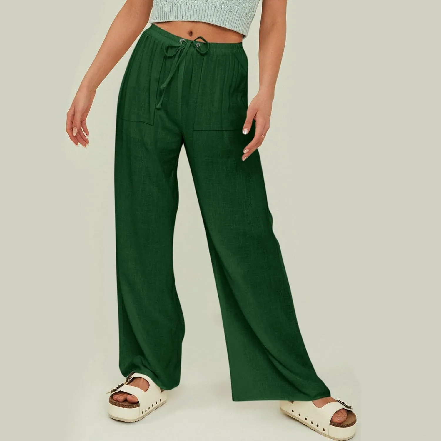Women Beach Fashion Linen Pants Women Women's Linen Blend High Waisted Straight Pants, Soft Elastic Waistband