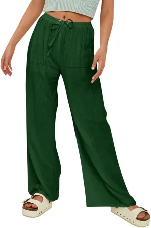 Women Beach Fashion Linen Pants Women Women's Linen Blend High Waisted Straight Pants, Soft Elastic Waistband