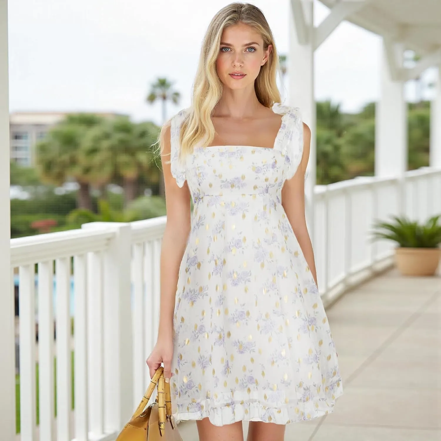 Women Boho Floral Gingham Babydoll Dress Spaghetti Strap Beachy Sundress Sleeveless Ruffle Tie Shoulder Mini Dresses