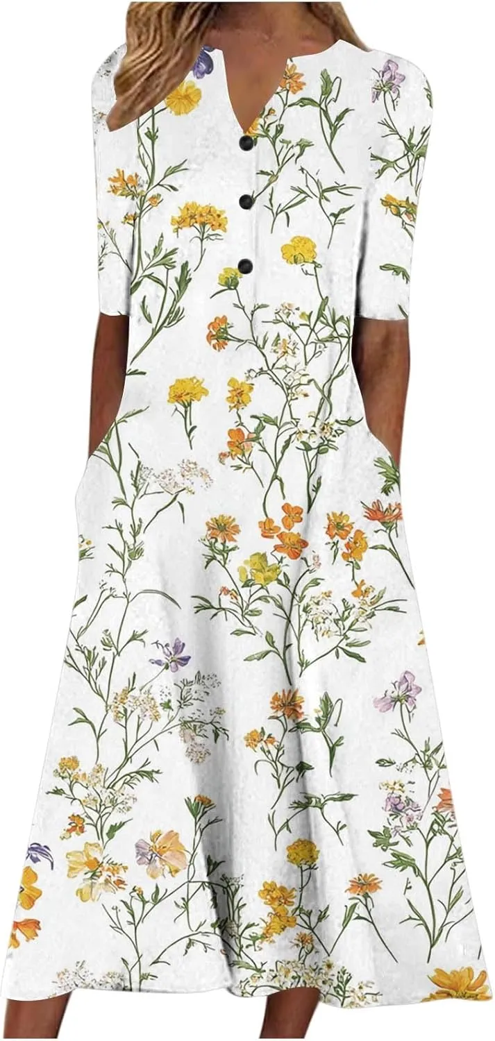 Women Boho Floral Print Midi Dress Summer Short Sleeve V Neck A-Line Dresses 2025 Casual Fashion Beach Shirt Dress