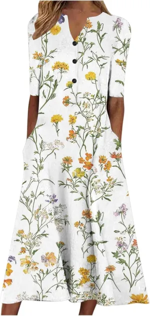 Women Boho Floral Print Midi Dress Summer Short Sleeve V Neck A-Line Dresses 2025 Casual Fashion Beach Shirt Dress