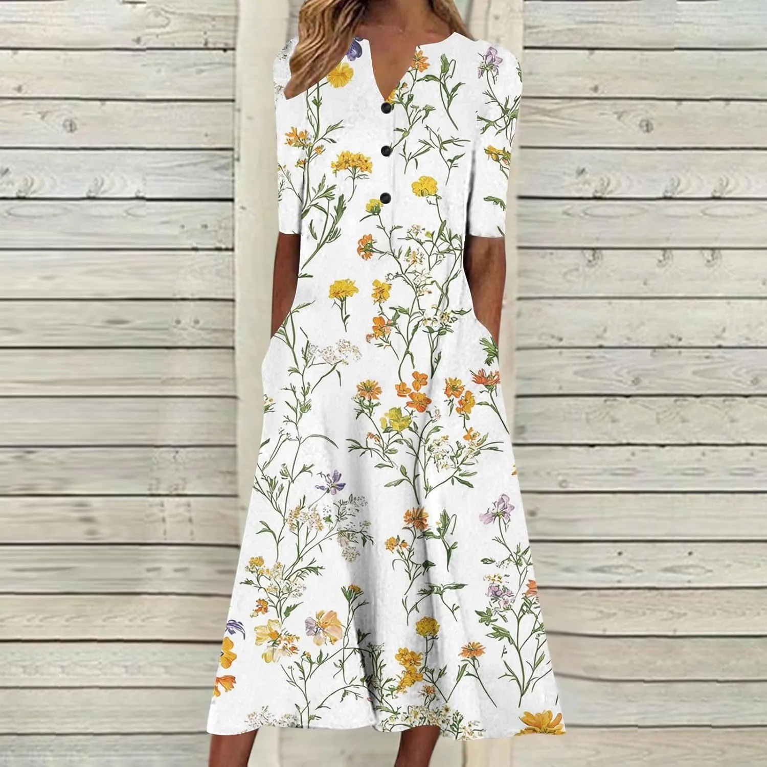 Women Boho Floral Print Midi Dress Summer Short Sleeve V Neck A-Line Dresses 2025 Casual Fashion Beach Shirt Dress
