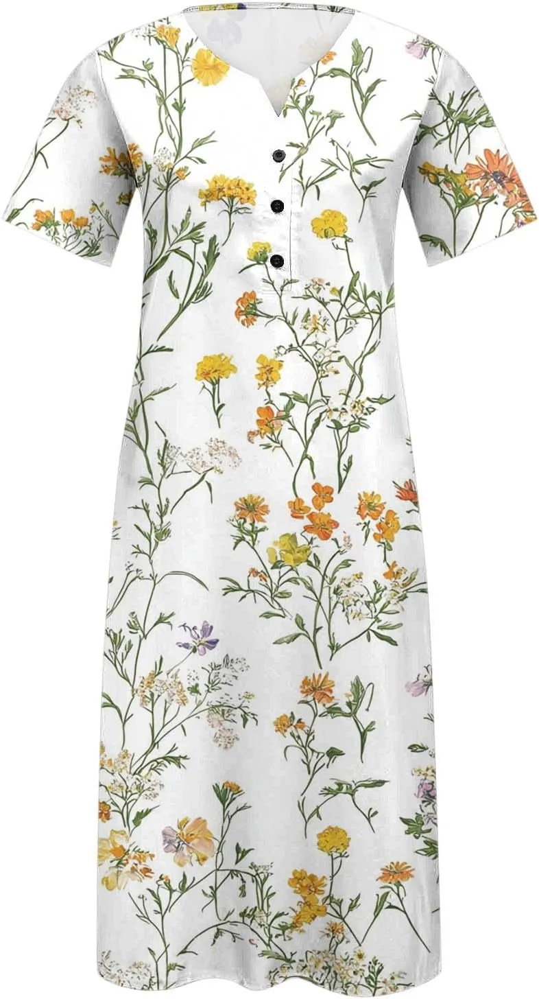 Women Boho Floral Print Midi Dress Summer Short Sleeve V Neck A-Line Dresses 2025 Casual Fashion Beach Shirt Dress