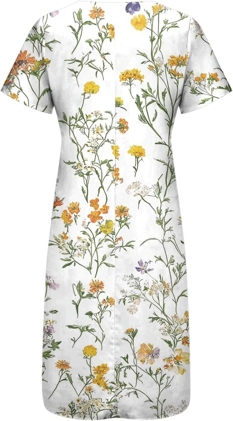 Women Boho Floral Print Midi Dress Summer Short Sleeve V Neck A-Line Dresses 2025 Casual Fashion Beach Shirt Dress