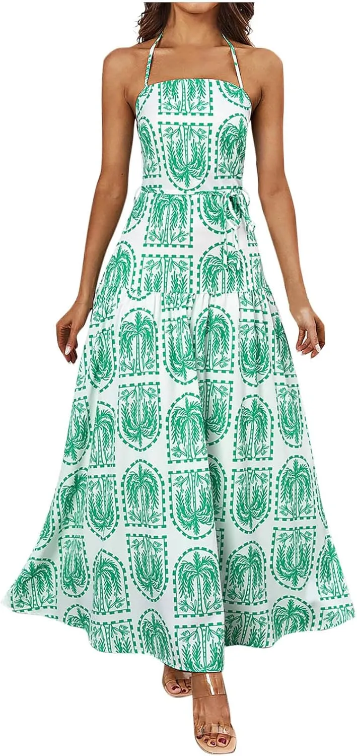 Women Boho Halter A-Line Dress Hawaiian Palm Tree Print High Waist Midi Dresses Lace-Up Beach Vacation Sundress