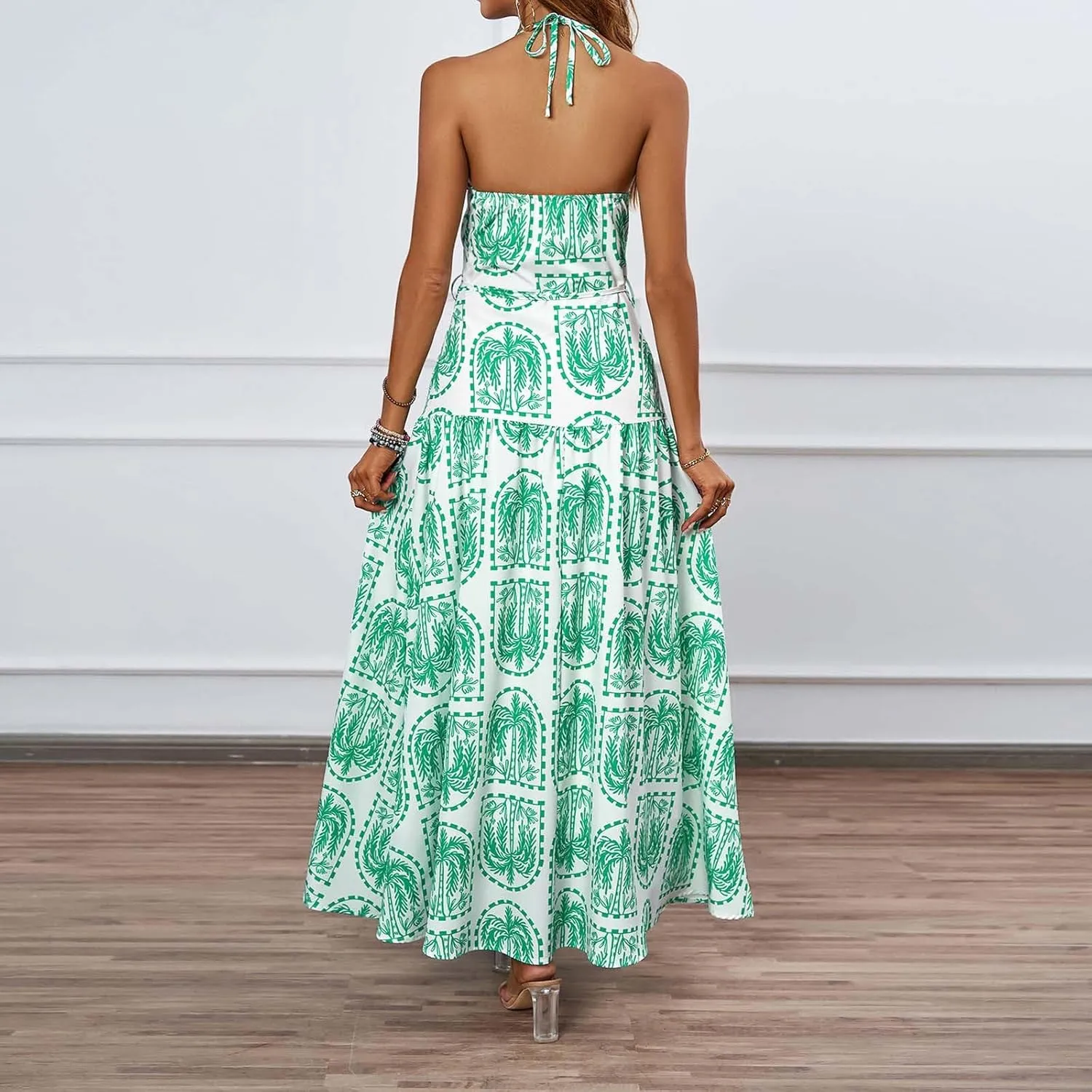Women Boho Halter A-Line Dress Hawaiian Palm Tree Print High Waist Midi Dresses Lace-Up Beach Vacation Sundress