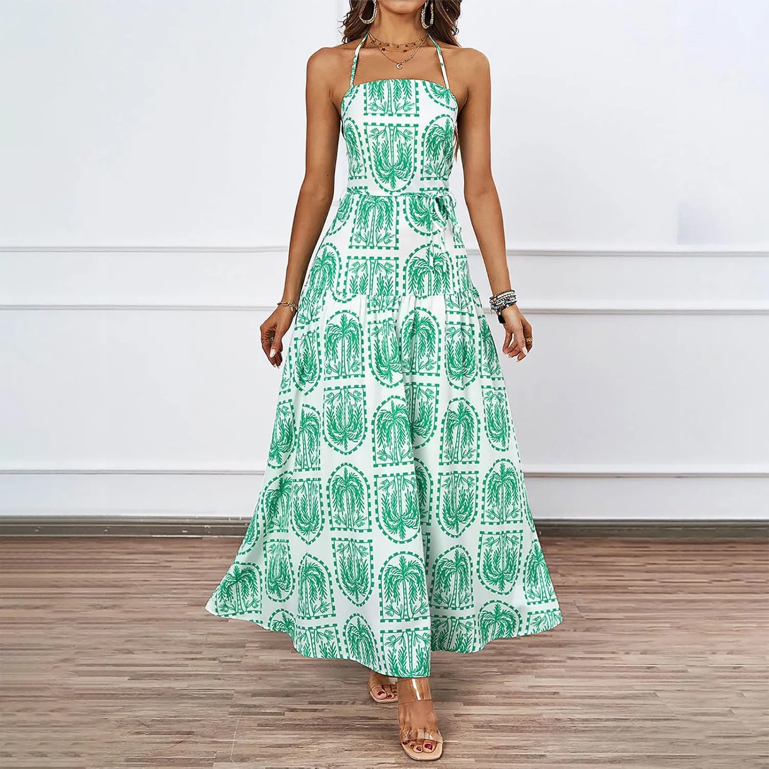 Women Boho Halter A-Line Dress Hawaiian Palm Tree Print High Waist Midi Dresses Lace-Up Beach Vacation Sundress