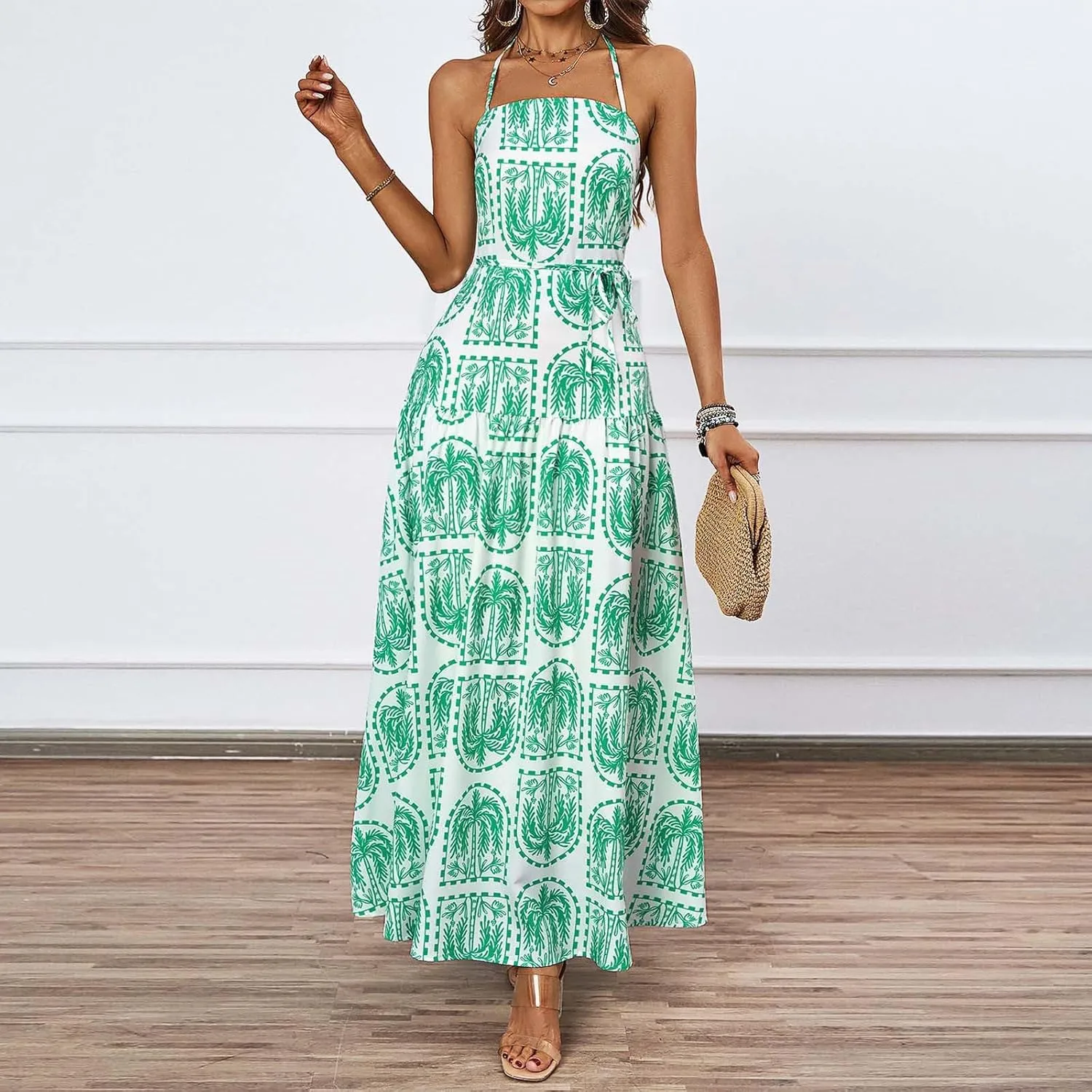 Women Boho Halter A-Line Dress Hawaiian Palm Tree Print High Waist Midi Dresses Lace-Up Beach Vacation Sundress