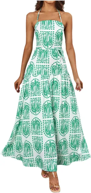 Women Boho Halter A-Line Dress Hawaiian Palm Tree Print High Waist Midi Dresses Lace-Up Beach Vacation Sundress