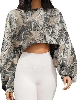 Women Camo Long Sleeve Crewneck Crop Top Tee Shirt Sweatshirt Casual Maple Leaf Print Loose Cropped Pullover Tshirt