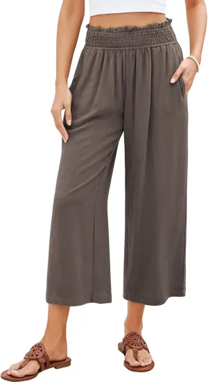 Women Capri Linen Pant Casual Loose High Waist Wide Leg Cropped Palazzo Trousers Summer Elastic Waist Flowy Beach Pants