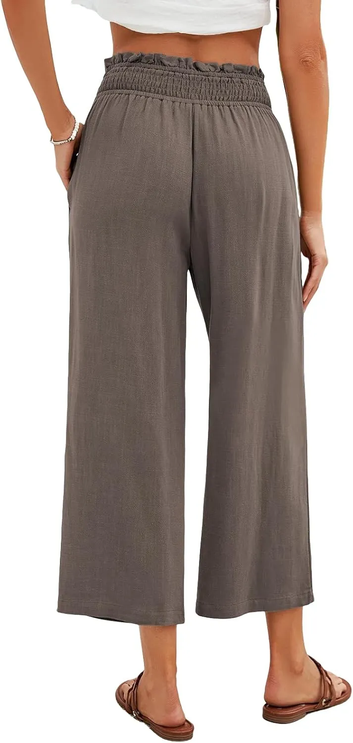 Women Capri Linen Pant Casual Loose High Waist Wide Leg Cropped Palazzo Trousers Summer Elastic Waist Flowy Beach Pants