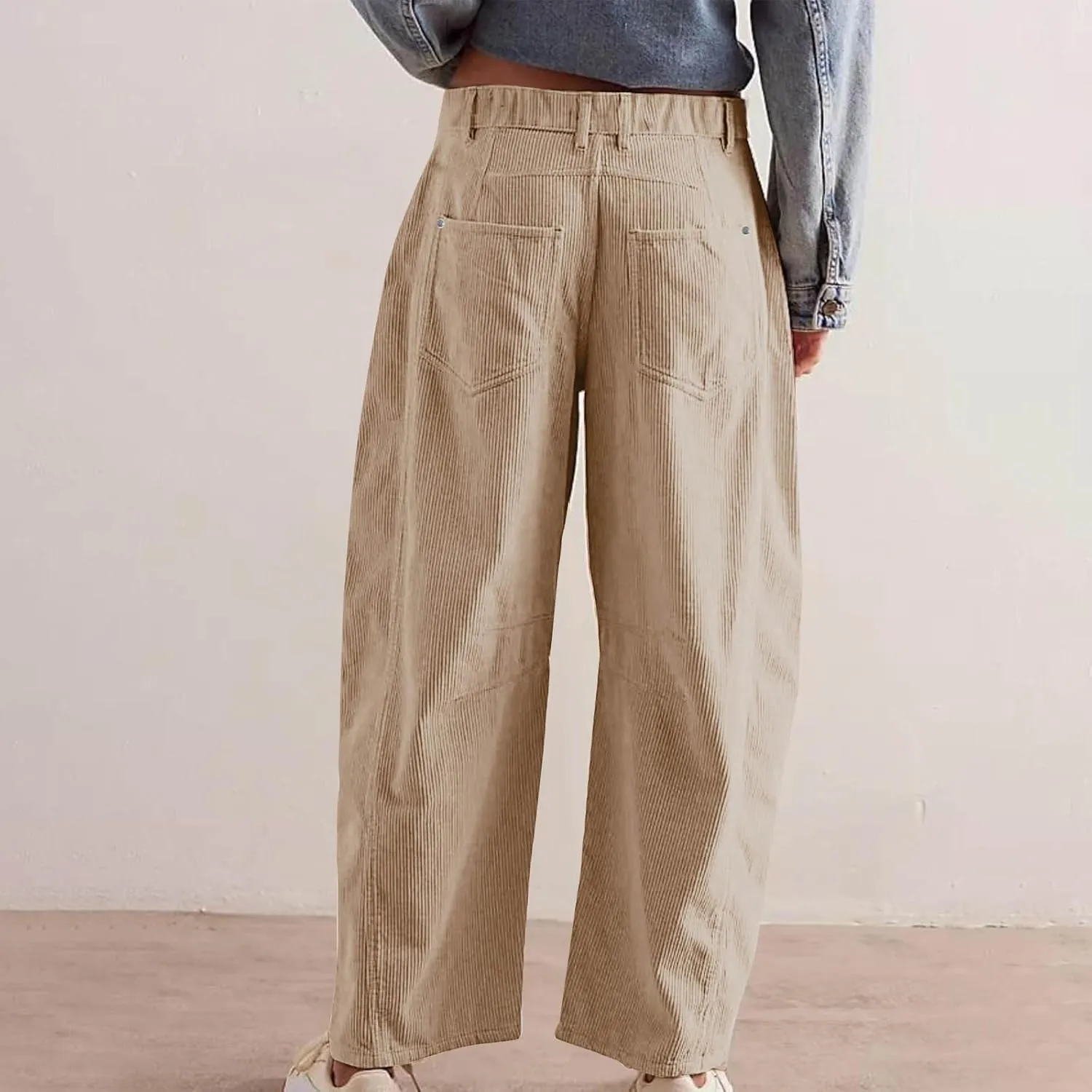 Women Corduroy Pants Barrel Mid-Rise Elastic Waist Slack Trousers Casual Wide Leg Palazzo Pant with Pockets