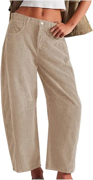 Women Corduroy Pants Barrel Mid-Rise Elastic Waist Slack Trousers Casual Wide Leg Palazzo Pant with Pockets