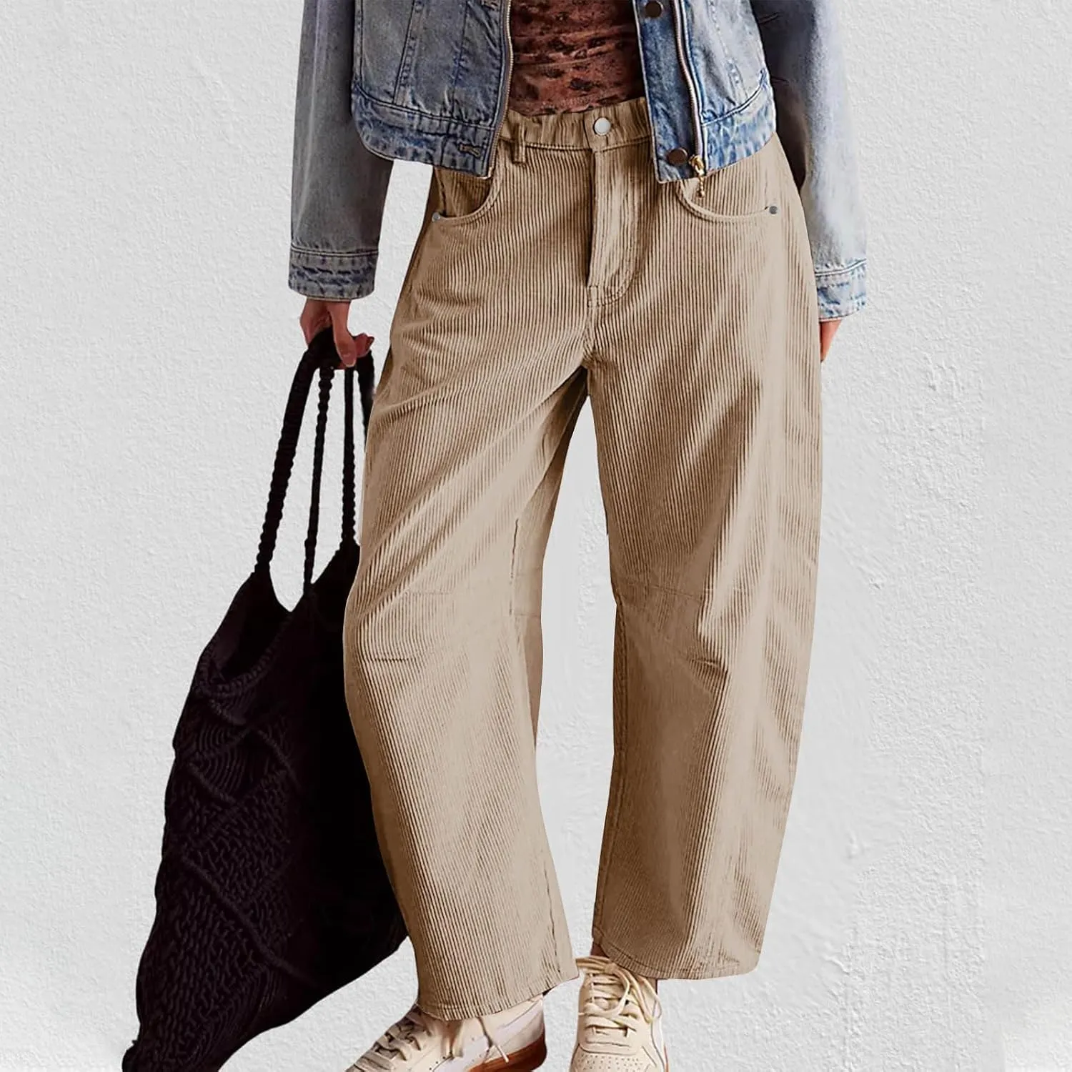 Women Corduroy Pants Barrel Mid-Rise Elastic Waist Slack Trousers Casual Wide Leg Palazzo Pant with Pockets