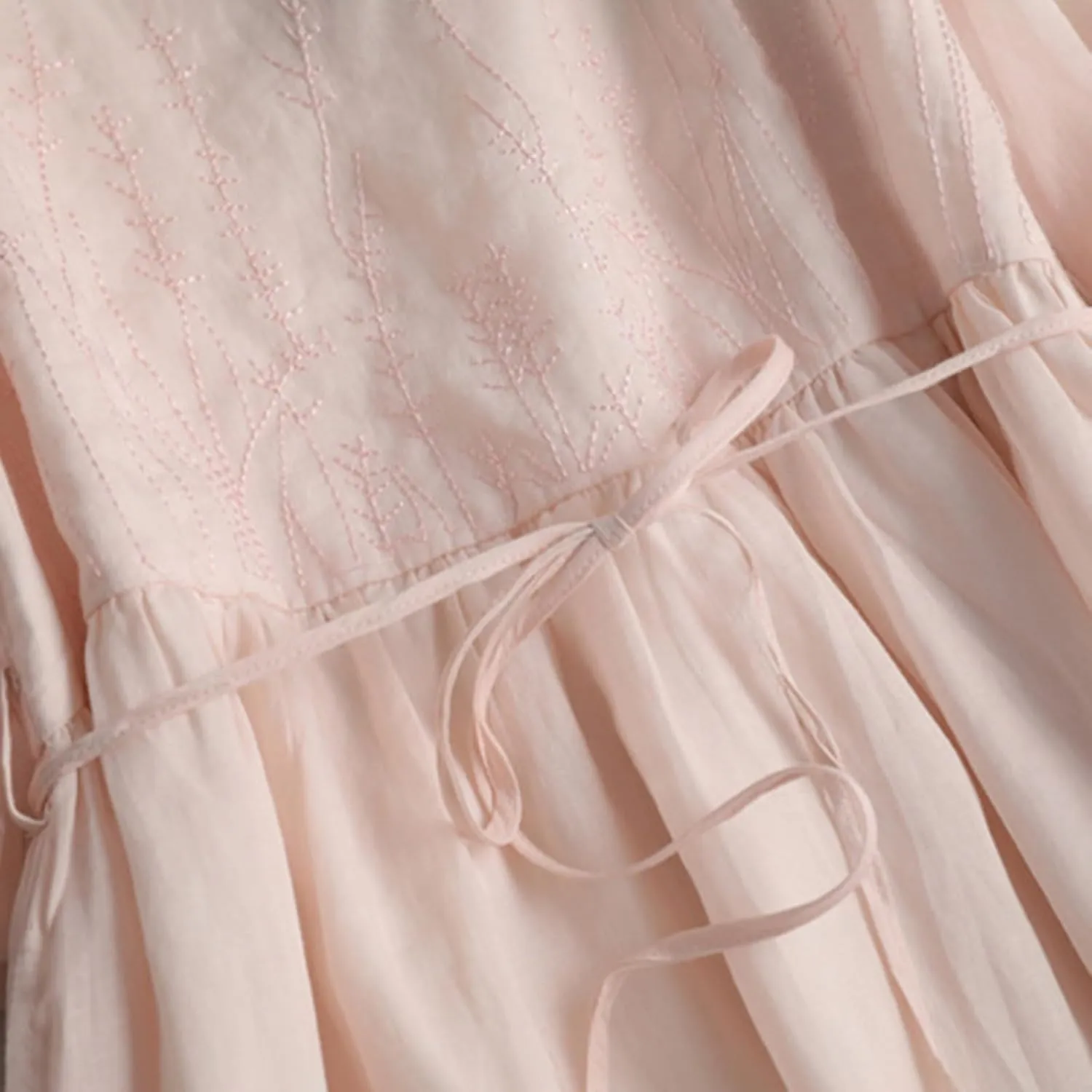Women Cotton Linen A-Line Dress Vintage Embroidered Crewneck 3/4 Sleeve Shirt Dresses Casual Laceup Flowy Midi Dress
