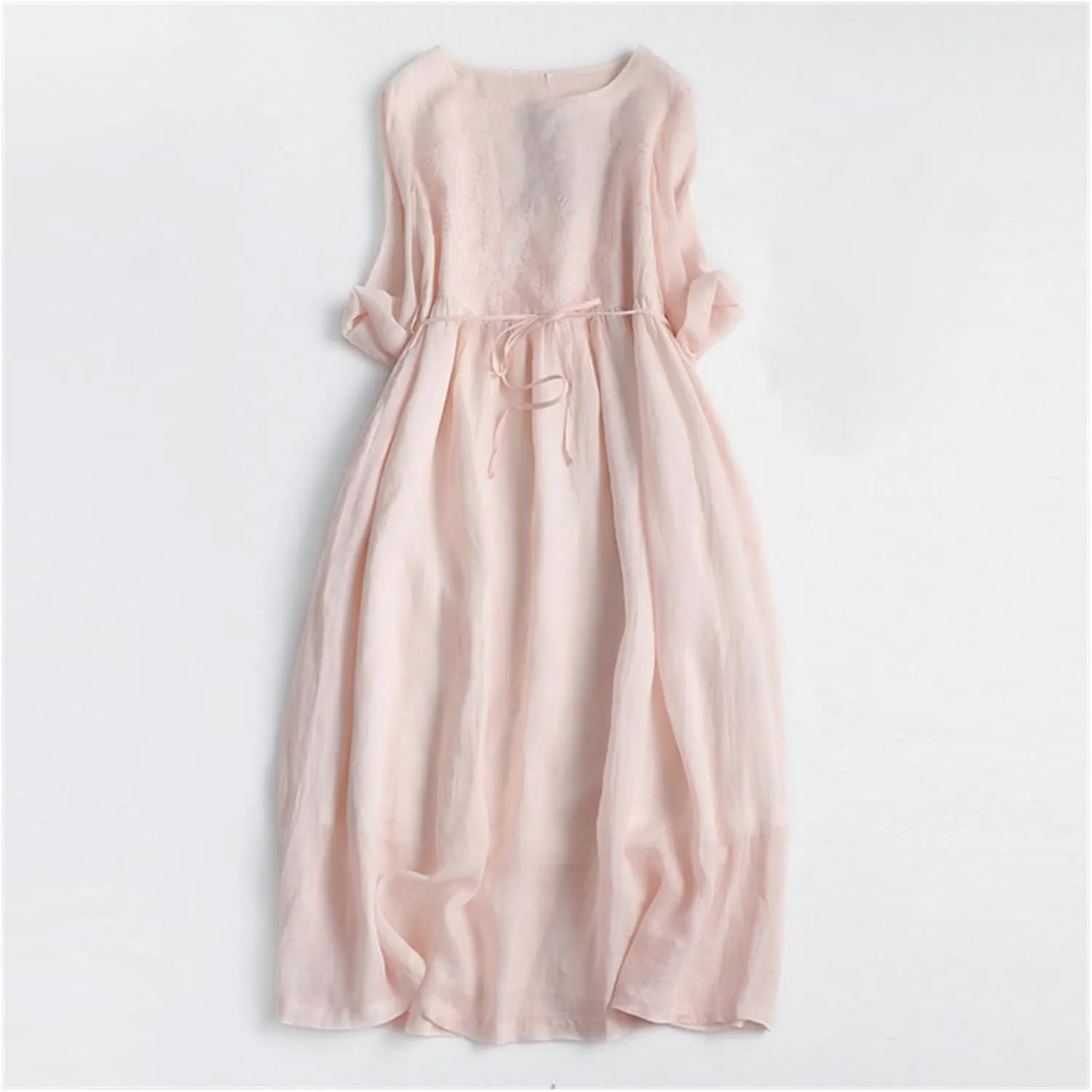Women Cotton Linen A-Line Dress Vintage Embroidered Crewneck 3/4 Sleeve Shirt Dresses Casual Laceup Flowy Midi Dress