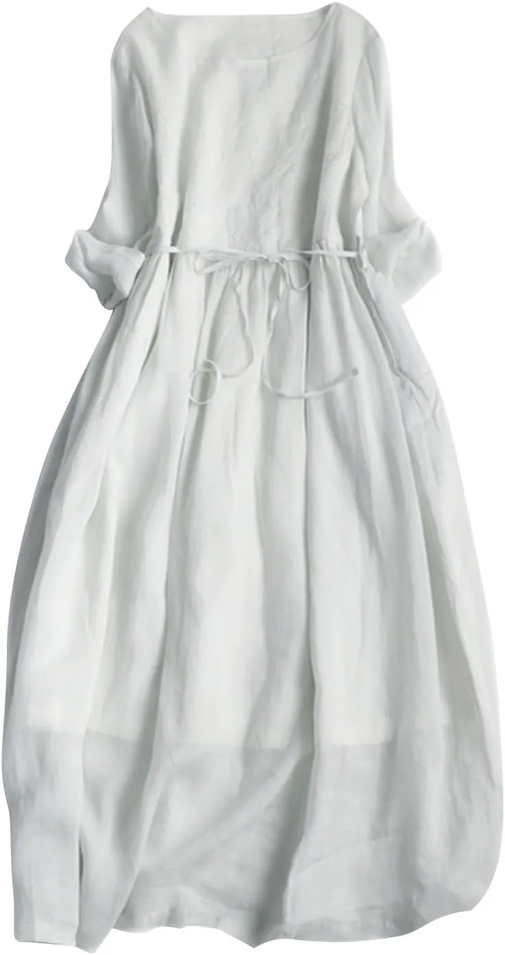 Women Cotton Linen A-Line Dress Vintage Embroidered Crewneck 3/4 Sleeve Shirt Dresses Casual Laceup Flowy Midi Dress