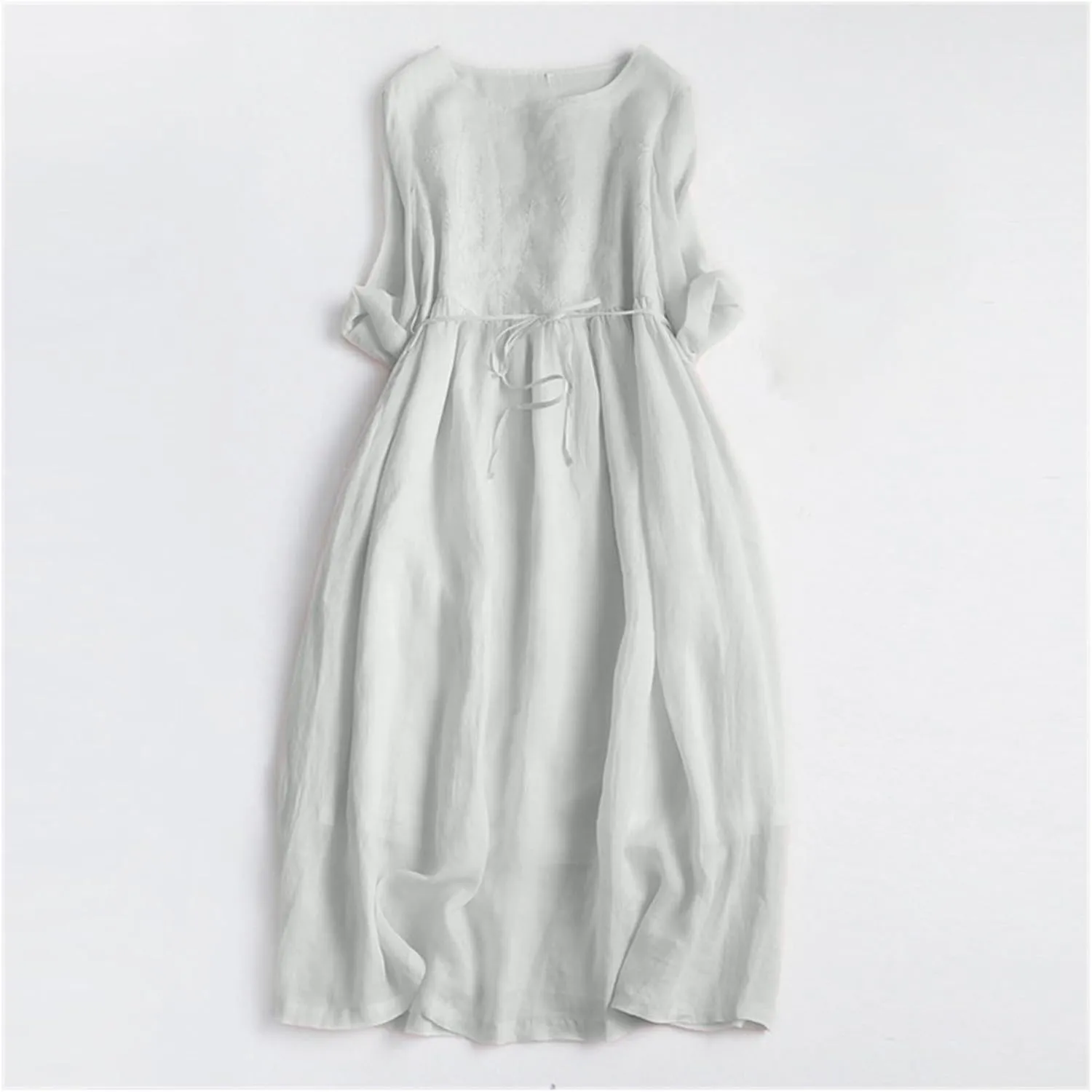 Women Cotton Linen A-Line Dress Vintage Embroidered Crewneck 3/4 Sleeve Shirt Dresses Casual Laceup Flowy Midi Dress