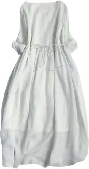 Women Cotton Linen A-Line Dress Vintage Embroidered Crewneck 3/4 Sleeve Shirt Dresses Casual Laceup Flowy Midi Dress