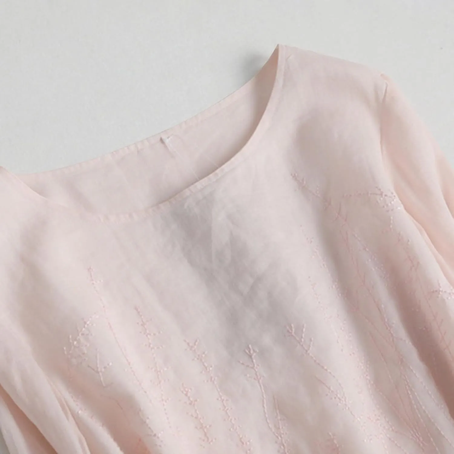 Women Cotton Linen A-Line Dress Vintage Embroidered Crewneck 3/4 Sleeve Shirt Dresses Casual Laceup Flowy Midi Dress
