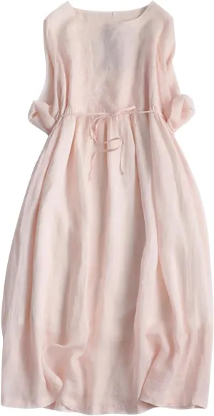 Women Cotton Linen A-Line Dress Vintage Embroidered Crewneck 3/4 Sleeve Shirt Dresses Casual Laceup Flowy Midi Dress