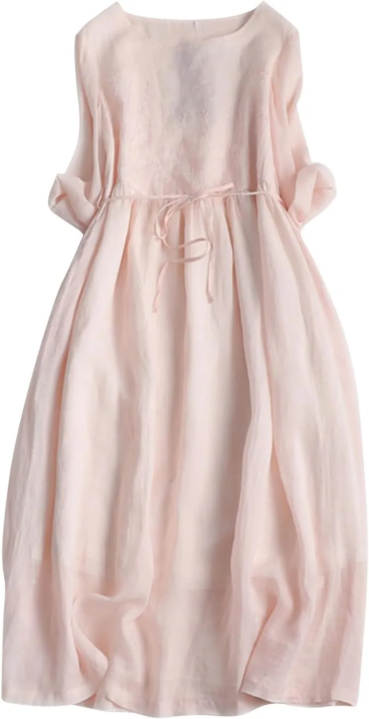 Women Cotton Linen A-Line Dress Vintage Embroidered Crewneck 3/4 Sleeve Shirt Dresses Casual Laceup Flowy Midi Dress