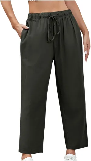 Women Cotton Linen Pants Casual Loose Wide Leg Trousers Summer Drawstring High Waist Pants with Pocket