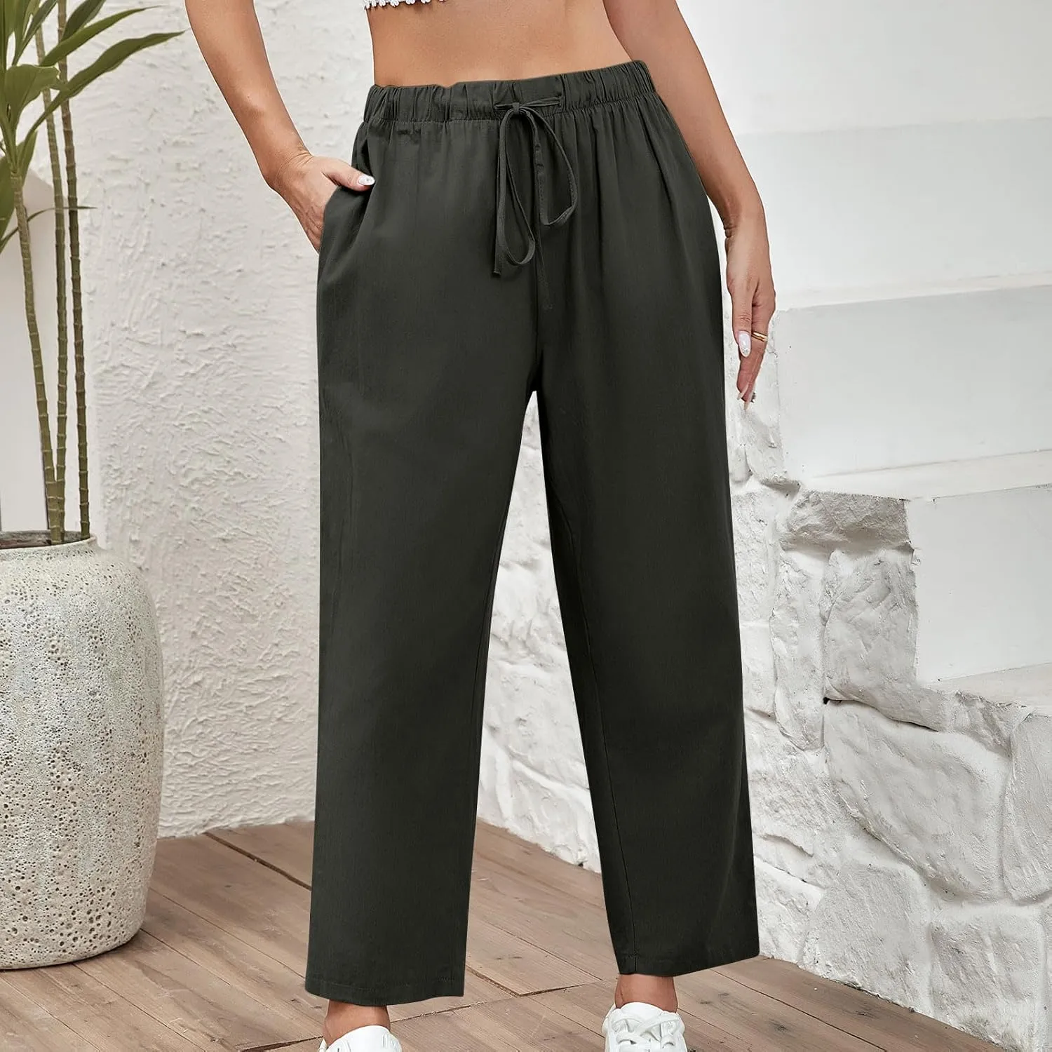 Women Cotton Linen Pants Casual Loose Wide Leg Trousers Summer Drawstring High Waist Pants with Pocket