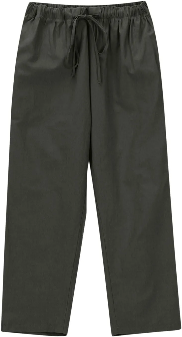 Women Cotton Linen Pants Casual Loose Wide Leg Trousers Summer Drawstring High Waist Pants with Pocket