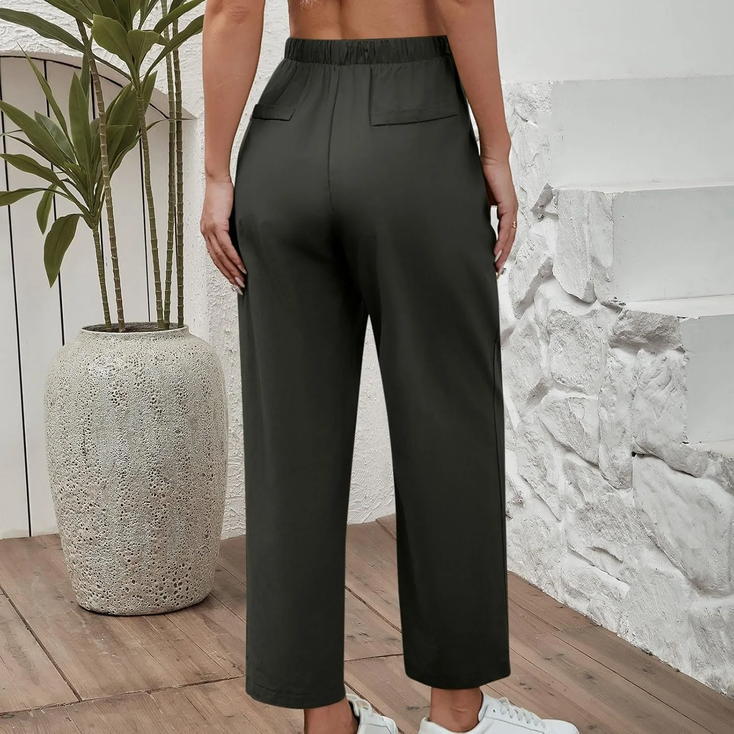 Women Cotton Linen Pants Casual Loose Wide Leg Trousers Summer Drawstring High Waist Pants with Pocket