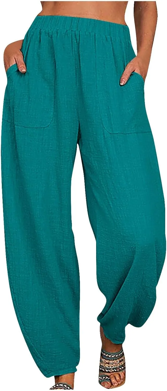 Women Cotton Linen Pants Summer 2024 Fashion Casual Loose Jogger Pants with Elastic Waist Pockets Business Trousers