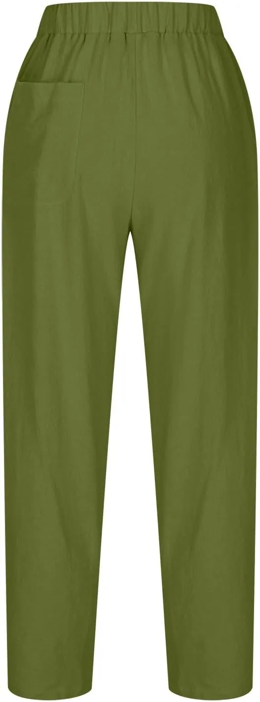 Women Cotton Linen Pants Summer 2024 Fashion Casual Loose Jogger Pants with Elastic Waist Pockets Business Trousers