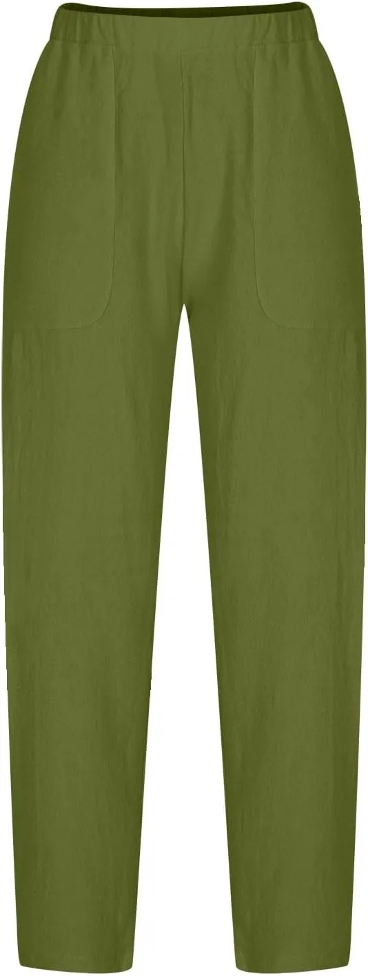 Women Cotton Linen Pants Summer 2024 Fashion Casual Loose Jogger Pants with Elastic Waist Pockets Business Trousers