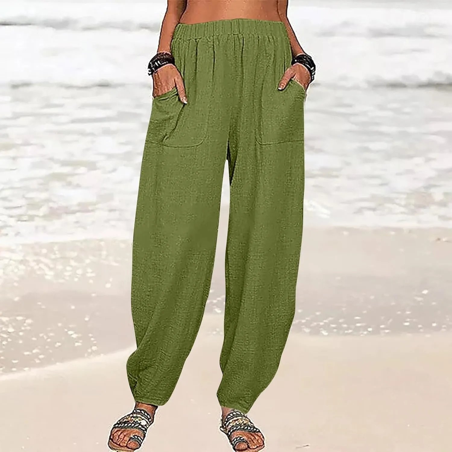 Women Cotton Linen Pants Summer 2024 Fashion Casual Loose Jogger Pants with Elastic Waist Pockets Business Trousers