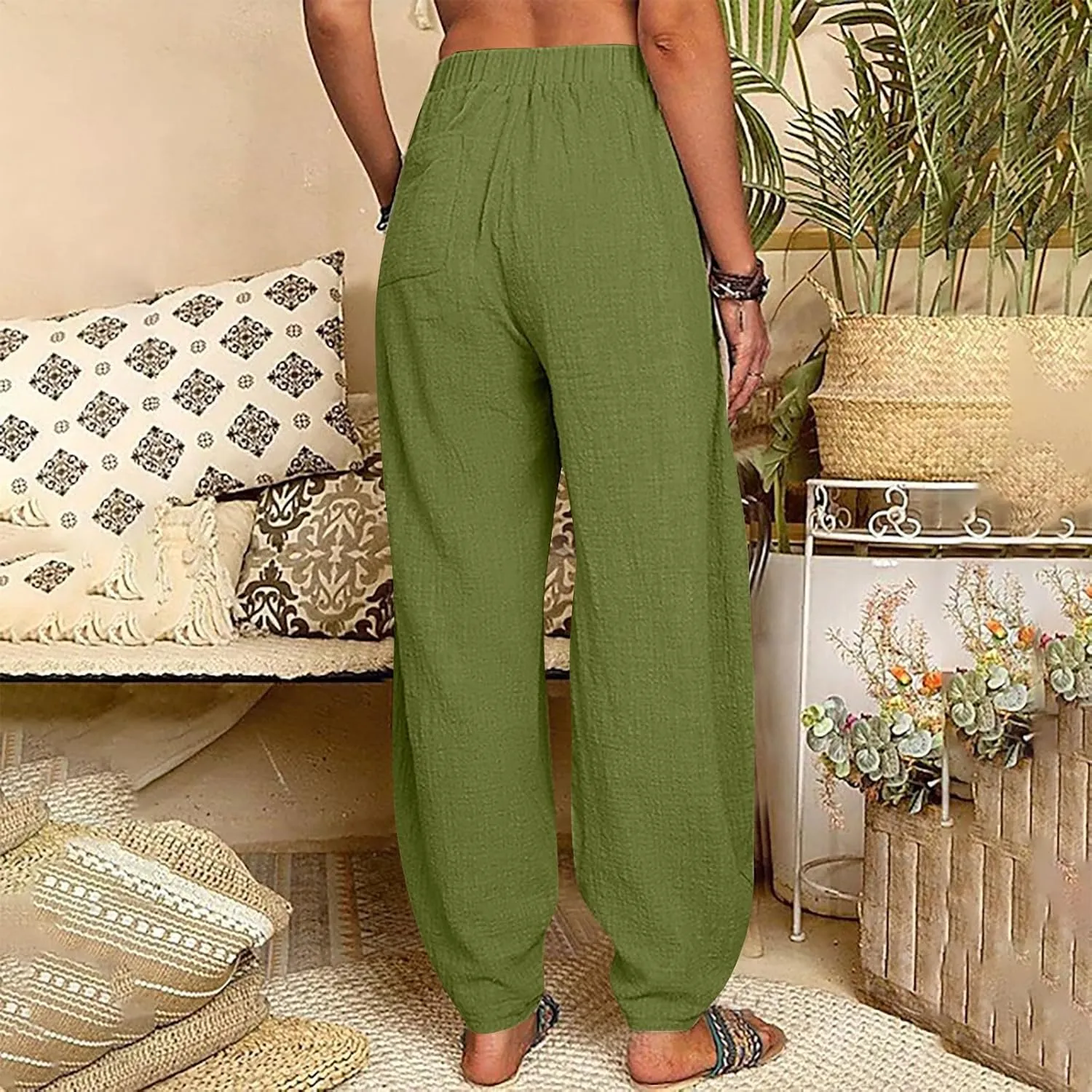 Women Cotton Linen Pants Summer 2024 Fashion Casual Loose Jogger Pants with Elastic Waist Pockets Business Trousers
