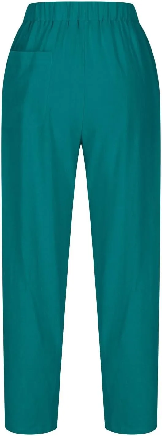 Women Cotton Linen Pants Summer 2024 Fashion Casual Loose Jogger Pants with Elastic Waist Pockets Business Trousers