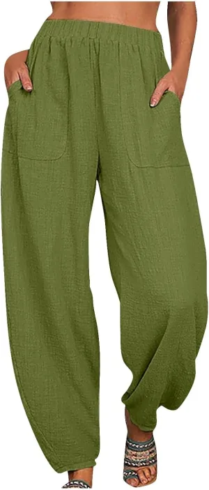 Women Cotton Linen Pants Summer 2024 Fashion Casual Loose Jogger Pants with Elastic Waist Pockets Business Trousers