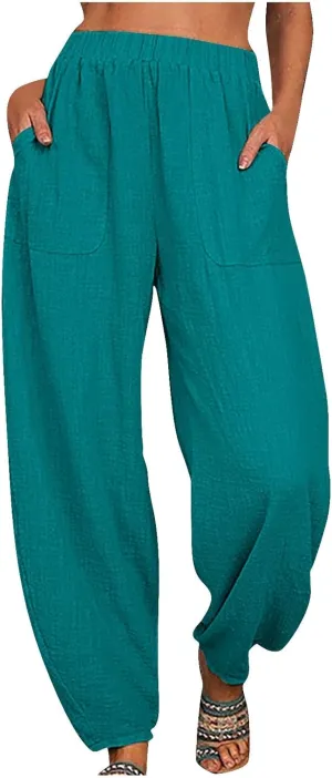 Women Cotton Linen Pants Summer 2024 Fashion Casual Loose Jogger Pants with Elastic Waist Pockets Business Trousers