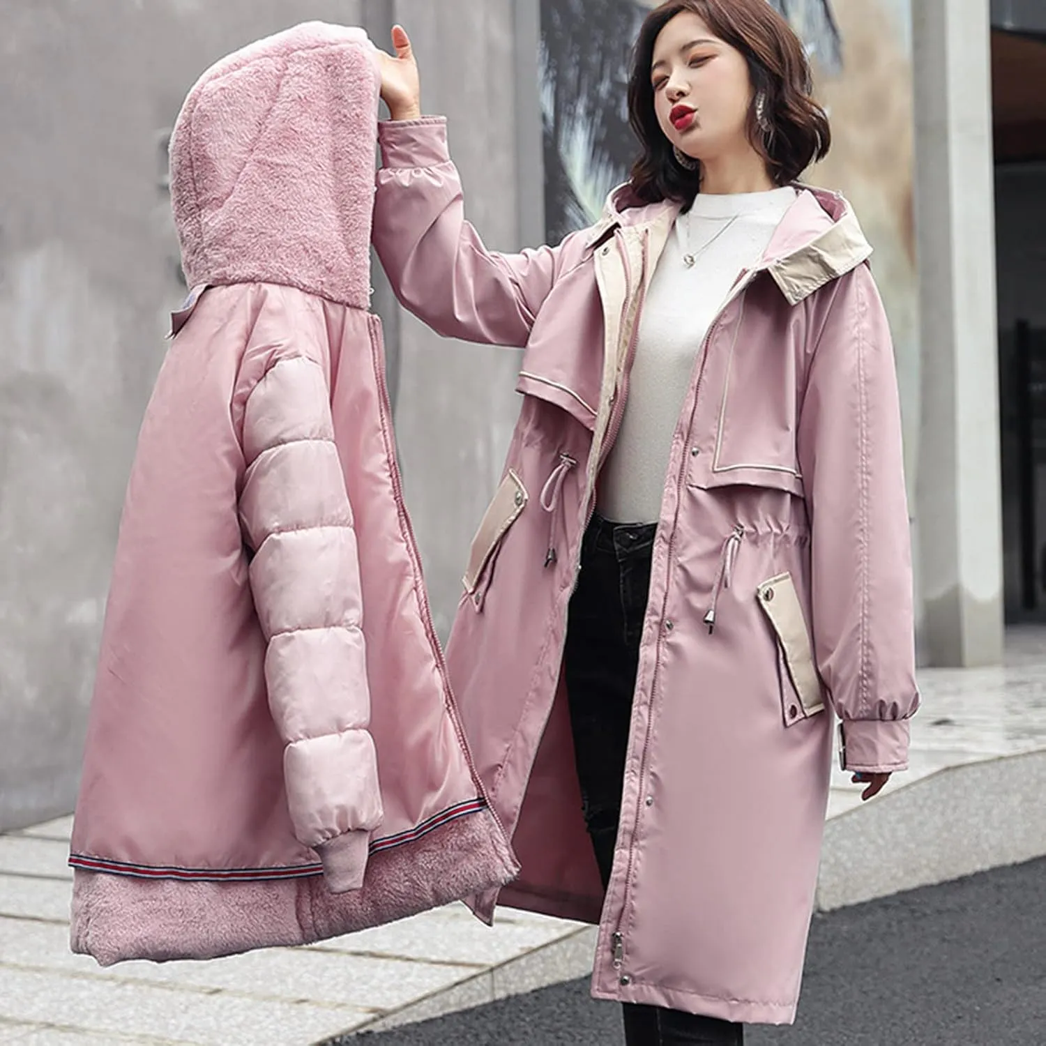 Women Cotton-padded Outerwear Long Jackets Fashion Coats Removable Liner Pocket Hooded Tail Coats Women