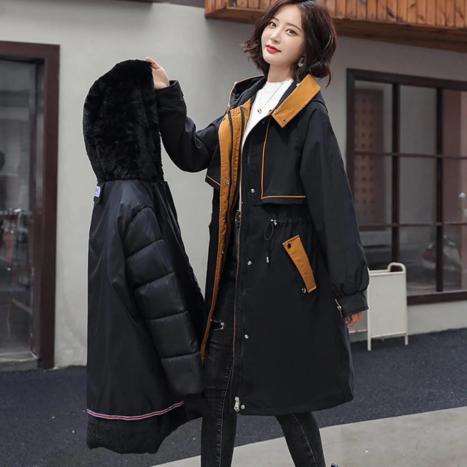Women Cotton-padded Outerwear Long Jackets Fashion Coats Removable Liner Pocket Hooded Tail Coats Women