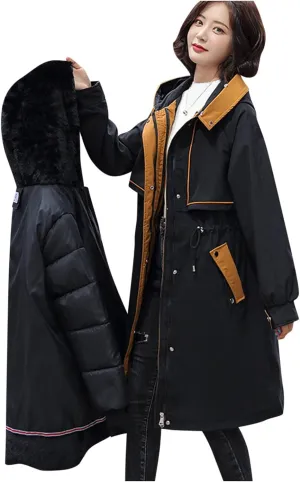 Women Cotton-padded Outerwear Long Jackets Fashion Coats Removable Liner Pocket Hooded Tail Coats Women