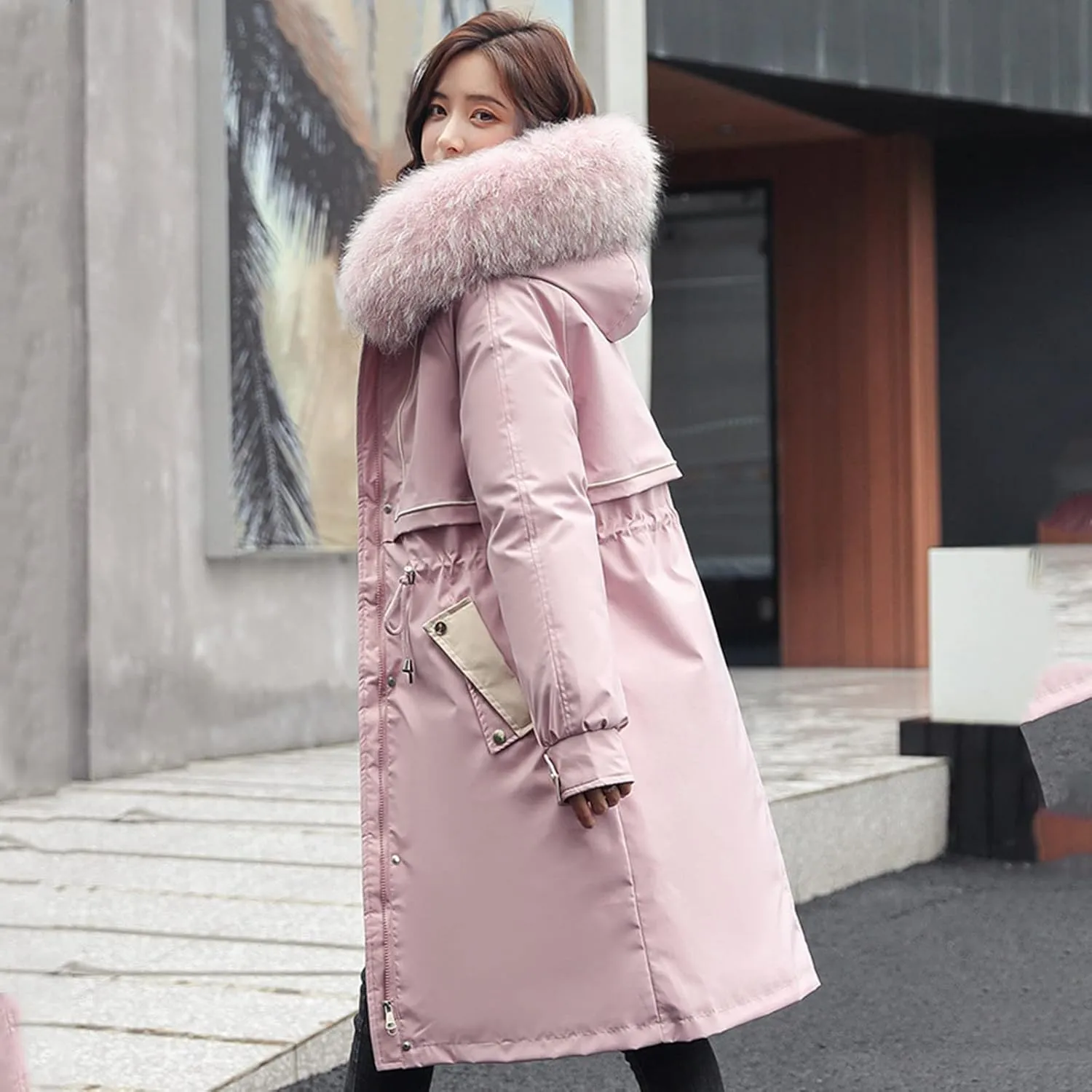 Women Cotton-padded Outerwear Long Jackets Fashion Coats Removable Liner Pocket Hooded Tail Coats Women