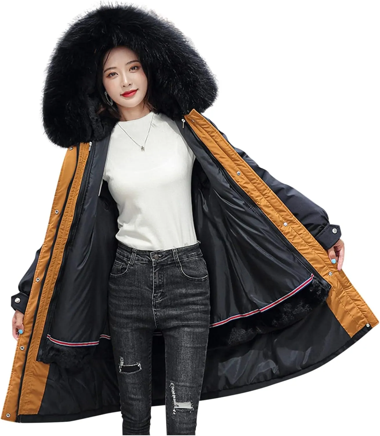 Women Cotton-padded Outerwear Long Jackets Fashion Coats Removable Liner Pocket Hooded Tail Coats Women