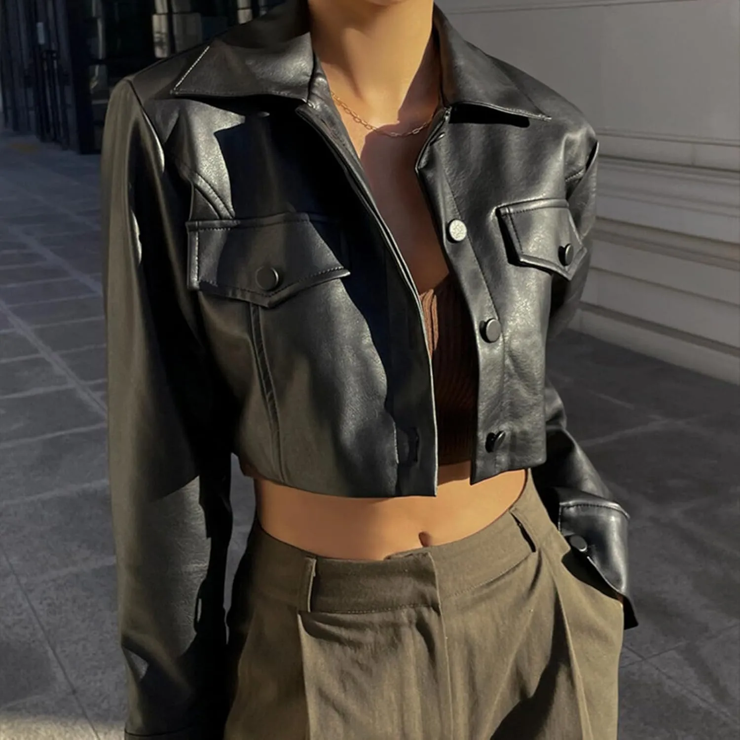 Women Cropped Leather Jackets, Faux Leather Motorcycle Jacket Moto Biker Coat Y2k Short Lightweight Bomber Coats