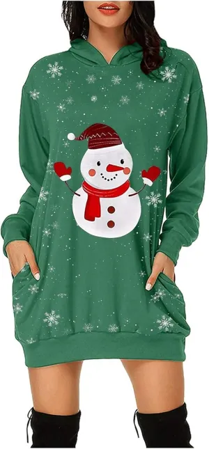 Women Dresses Christmas Print Casual Long Sleeve Solid Color Hooded Pullover Elegant Holiday Night Out Dress Plus Size