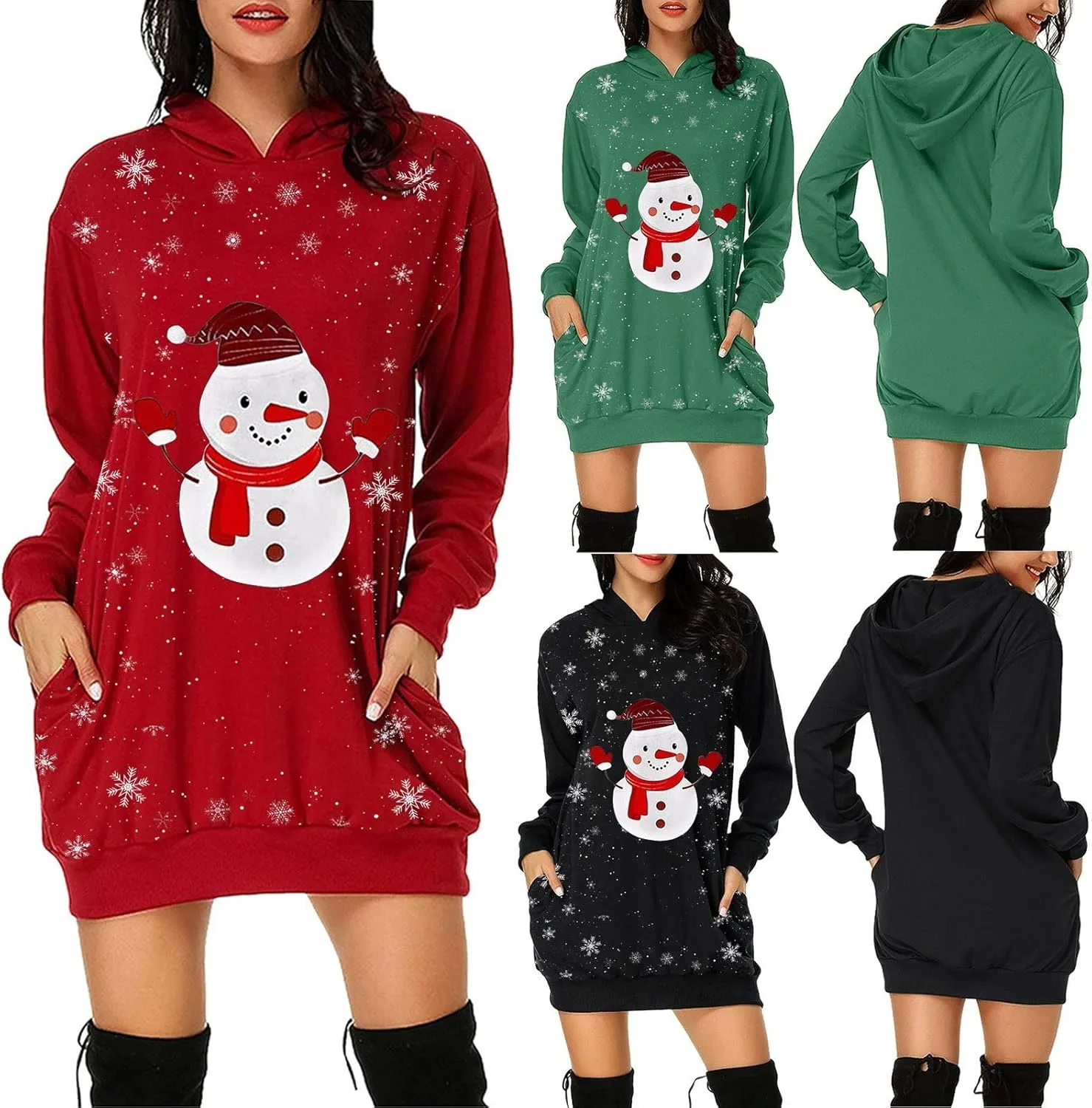 Women Dresses Christmas Print Casual Long Sleeve Solid Color Hooded Pullover Elegant Holiday Night Out Dress Plus Size
