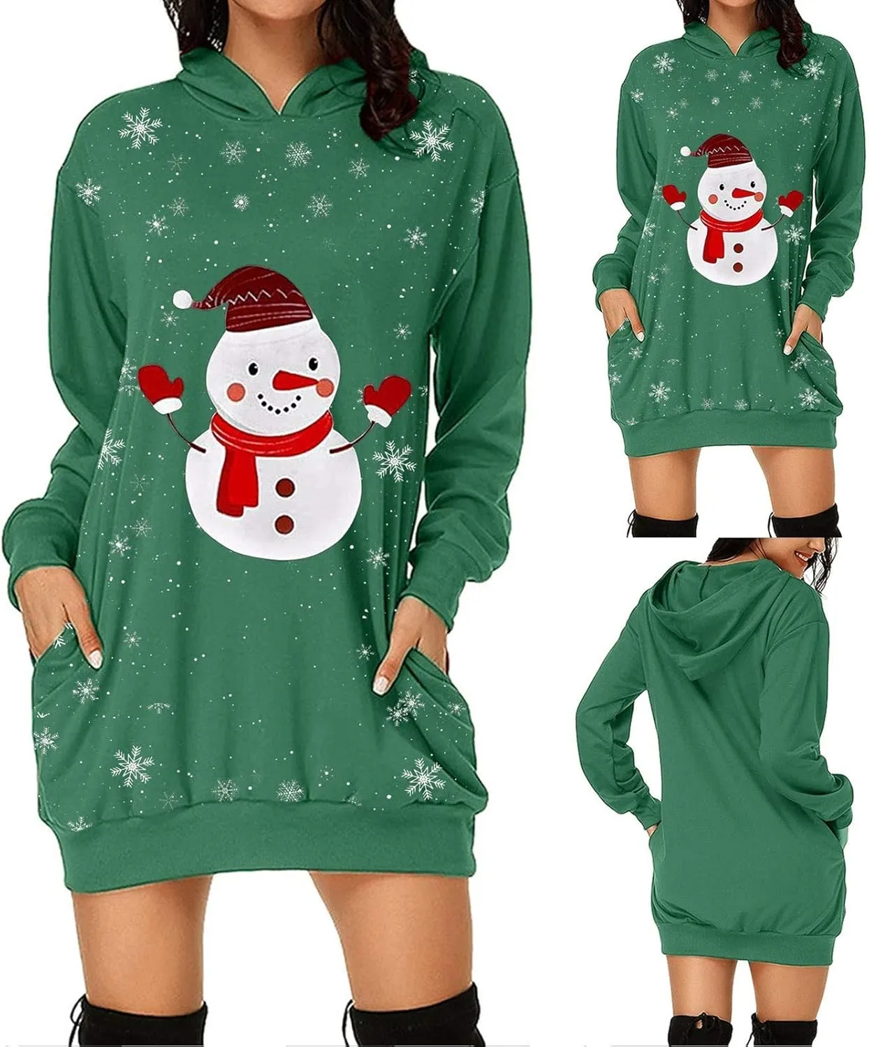 Women Dresses Christmas Print Casual Long Sleeve Solid Color Hooded Pullover Elegant Holiday Night Out Dress Plus Size