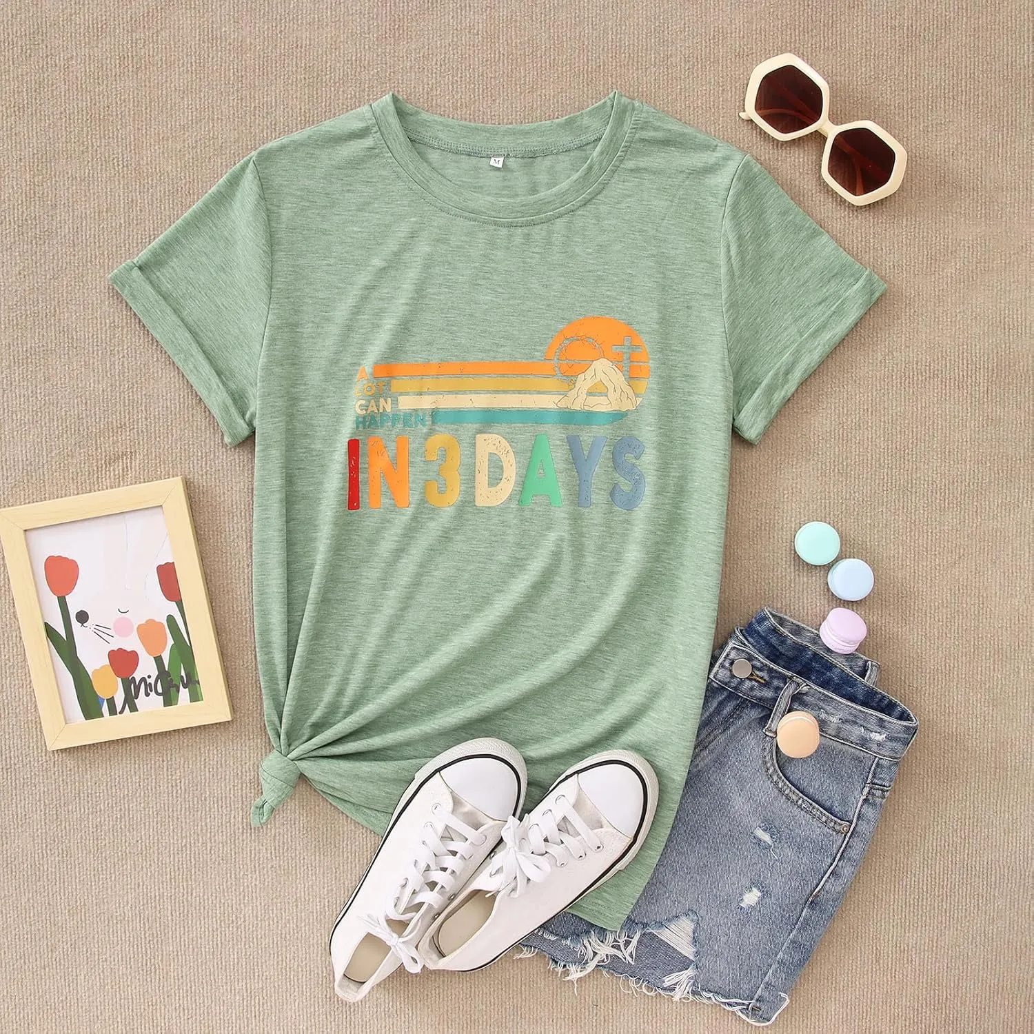 Women Easter Tshirt A Lot Can Happen in 3 Days Graphic Tee Vintage Cross Jesus Christian Religious Faith Shirt Tops