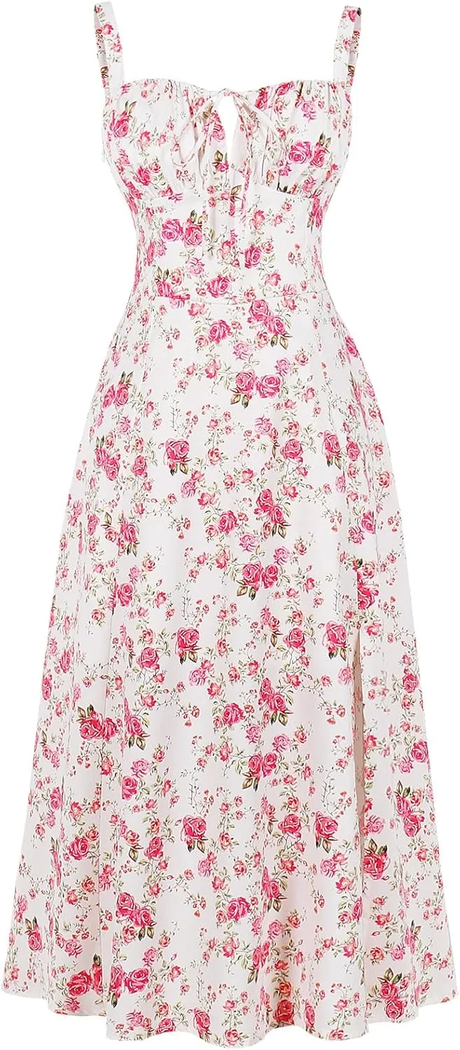 Women Floral Corset Dress Sleeveless Square Neck Spaghetti Straps Dress Boho Holiday Flowy Midi Bustier Sundress